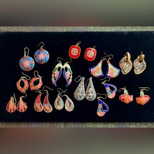 Assortment of 10 Cloisonné Enamel + 2 Abalone Shell Vintage Earrings Lot